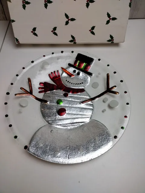 Placa de muñeco de nieve vidrio fundido 12"" decoración navideña lavado a mano solo fiesta de Navidad