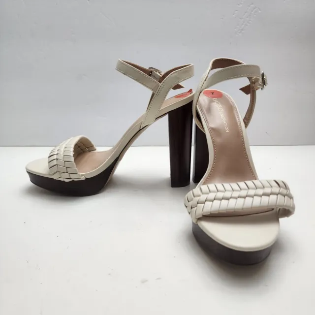 BCBGeneration White Strappy Platform Shoes Size 9 with Wood Heels Oberla