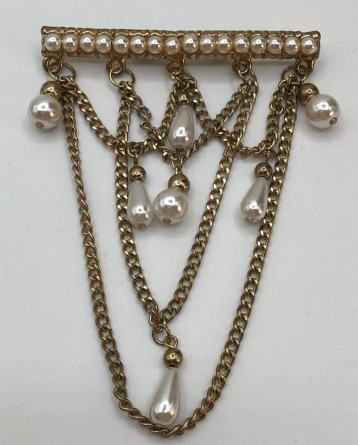 VINTAGE ESTATE FIND Gold Tone Faux Pearl Bar Brooch with Faux Pearl