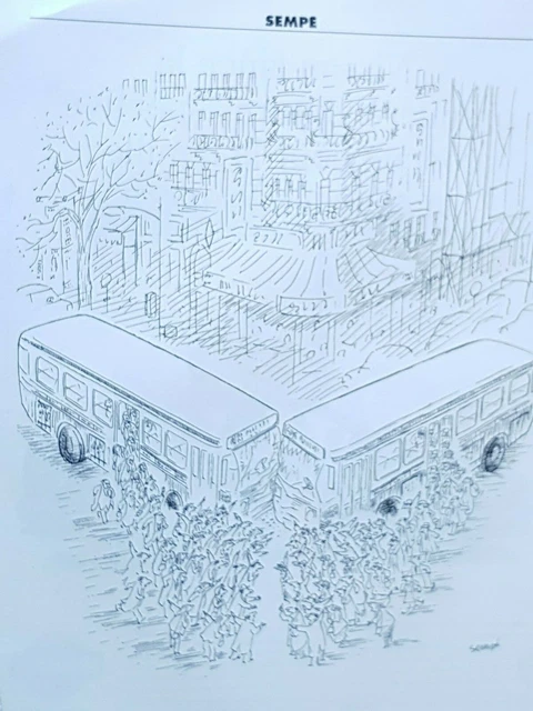 DESSIN de presse signé par SEMPE accident entre 2 bus  Publicité Advertising