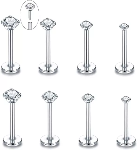 18G PRONG 2mm 3mm CZ THREADLESS PUSH IN Gem STEEL LIP LABRET EAR HELIX RING STUD