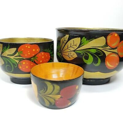 3 Small Russian Lacquered Nesting Bowls Khokhloma Hand Painted Black Red Gold