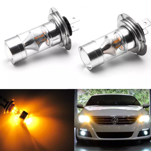 2x 3000K Amber 100W H7 Projector Lens LED Lamps Bulbs for DRL Fog Driving Lights