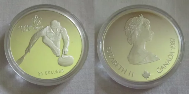 20 Dollar Silber Münze Canada Kanada Olympiade Calgary 1988 Curling PP (151173)