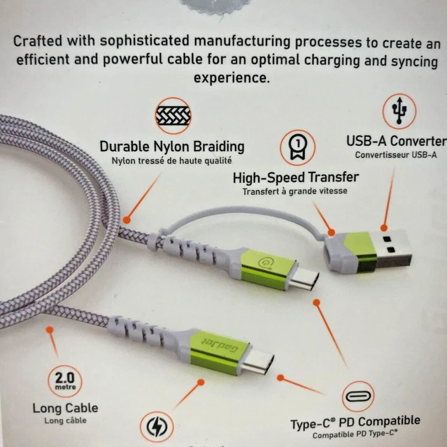 Fast Type-C To Type-C Charging Cable + USB-A Converter 2.4A 60W PD Charging 2m 2