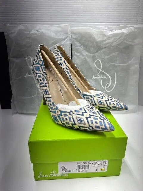 Sam Edelman Hazel Blue IKAT Linen Stiletto Heel Slip On Pointed Toe Dress Pumps