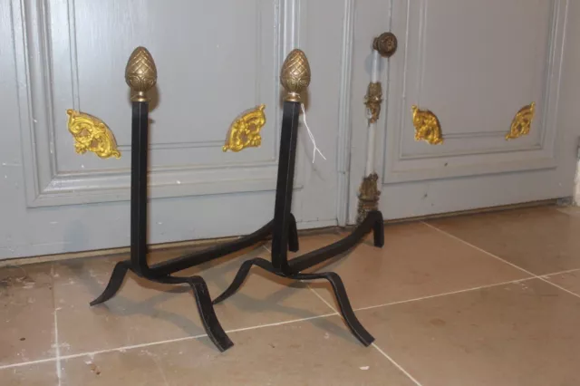 French Vintage Antique Cast Iron and Brass  Fireplace Andirons Fire-Dogs  44 cm