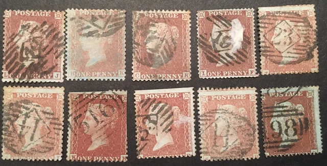 GB Queen Victoria "1d Penny Red's" 1841 VFU x10 stamps  LH