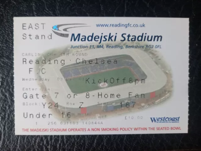 Ticket Stub Reading V Chelsea Carling League Cup 4th Round 2003 / 2004