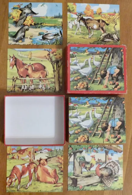 Jouet Ancien, Cubes Puzzle En Bois, 20 Cubes, 6 Puzzles Animaux De La Ferme