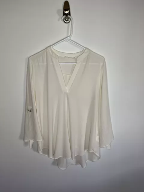 Lush Women's Top Size M Adjustable Sleeve Ivory Blouse V Neck EUC