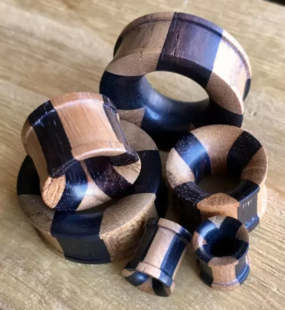 PAIR Jati & Black Areng Wood Concave Tunnels Organic Ear Plugs Earlets Gauges