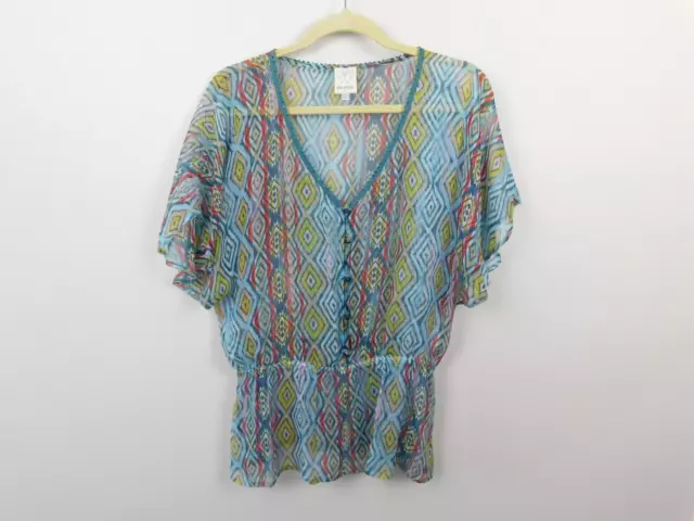 Ella Moss Blouse Short Sleeve Shirt Sheer Top Boho Tunic V Neck Colorful Small