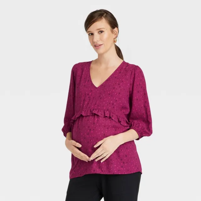 3/4 Sleeve Ruffle Waist Woven Top - Isabel Maternity by Ingrid & Isabel L