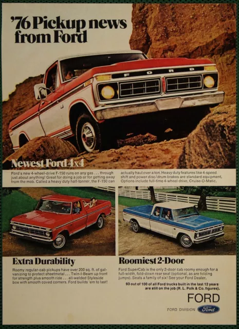 Ford Pickup Truck 4x4 Roomiest 2 Door Supercab Vintage Print Ad 1975