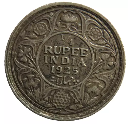 1925 King George V India Silver 1/4 Rupee Coin