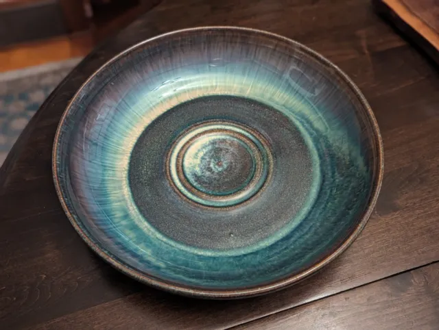 Large Blue Green Bill Campbell Pottery Platter BIG 15" Shallow Bowl Centerpiece