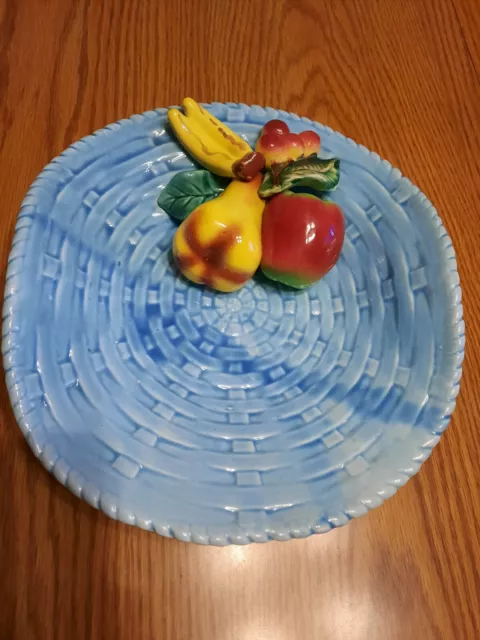Vtg Majolica Art Pottery, Japan, w/ Fruit Raised Relief Blue Basketweave Plate!!