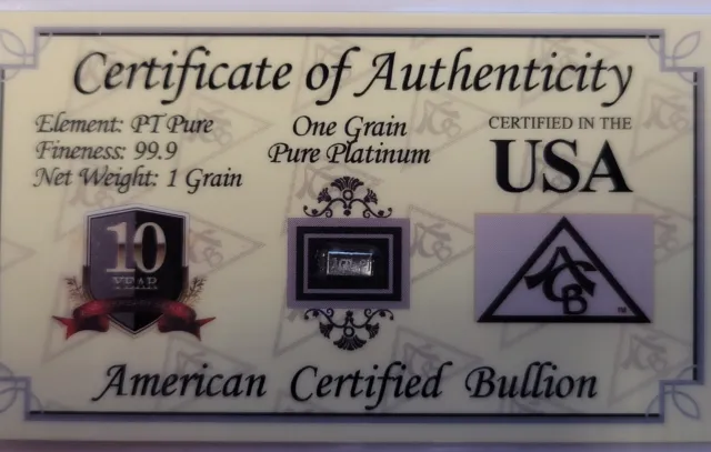 Platinum SOLID BULLION 1 GRAIN PT BAR 999 Pure with Certificate|...A5