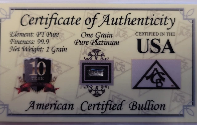 Platinum SOLID BULLION 1 GRAIN PT BAR 999 Pure with Certificate|...A1