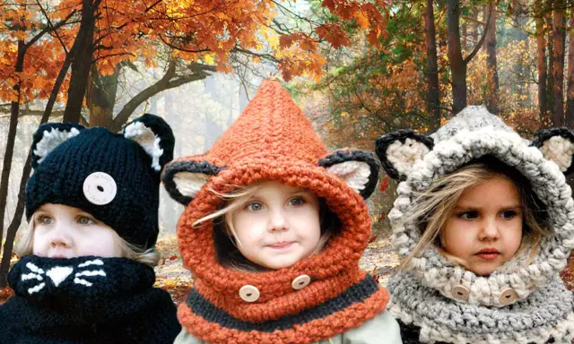 Kids Crochet Cute Animal Knitted Snood Unisex Winter Hood Hat & Scarf Beanies