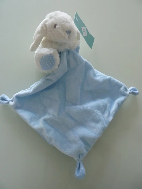 B8. DOUDOU TEX BABY LAPIN BLANC avec MOUCHOIR BLEU POIS NEUF AVEC ETIQUETTE