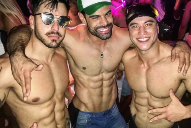 Shirtless Male Muscular Hunks Gay Club Scene Sexy Trio Beefcake Photo