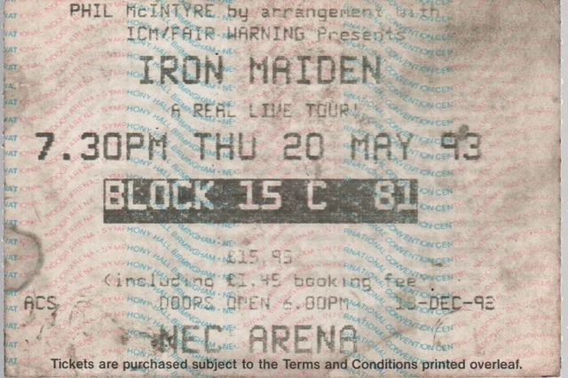 1993 IRON MAIDEN TICKET A Real Live Tour! NEC Arena Birmingham