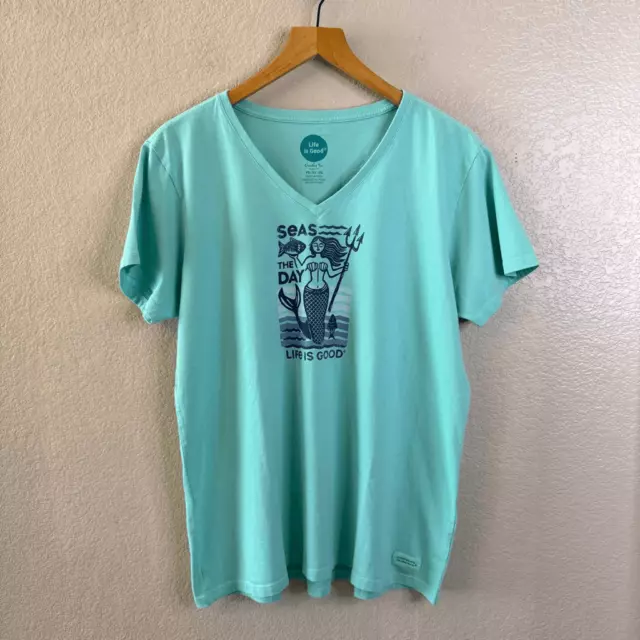 Life is Good Women's Light Blue Seas The Day Mermaid Crusher Tee T-Shirt XL