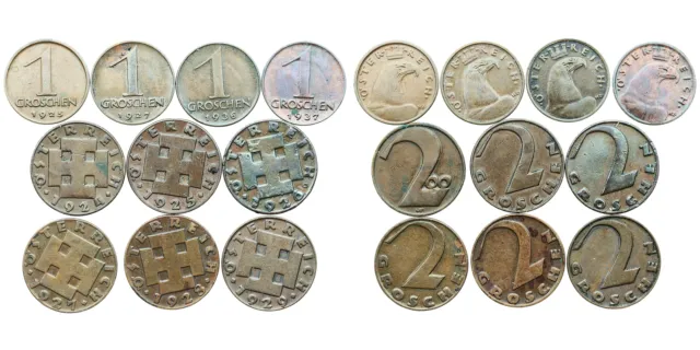 Austria - 1 & 2 Groschen 1924 - 1937 - 10 coins