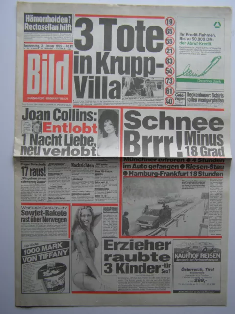 Bild Zeitung vom 3.1.1985, Joan Collins, Charlene Tilton, Pia Zadora, Elvis