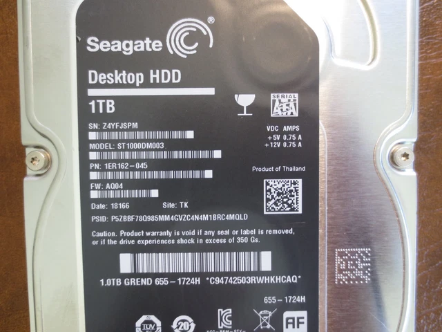 Seagate ST1000DM003 1ER162-045 FW:AQ04 TK Apple#655-1724H 1.0TB 3.5" Sata HDD