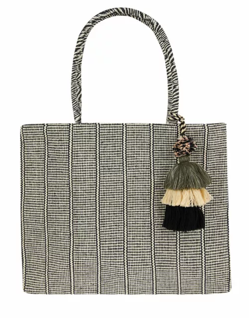 Sac Acheteur Tissé Z Accessorize Meera Avec Garniture Gland Noir Blanc Pom Pom Fourre-Tout