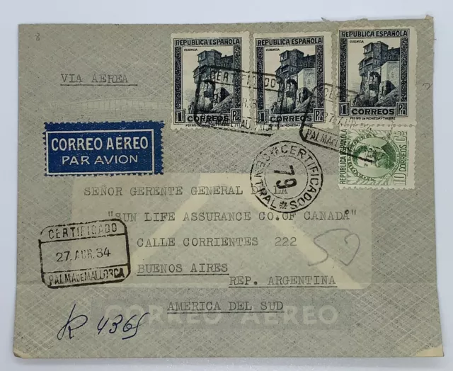 1934 Spain Certified Cover Sent To Buenos Aires, Certificado Central 79 Postmark