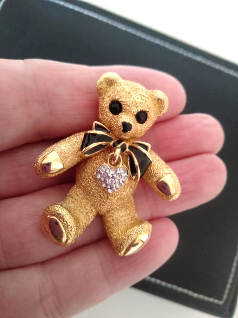 BUTLER WILSON Vintage Rare Gold Tone Crystal Teddy Bear Brooch