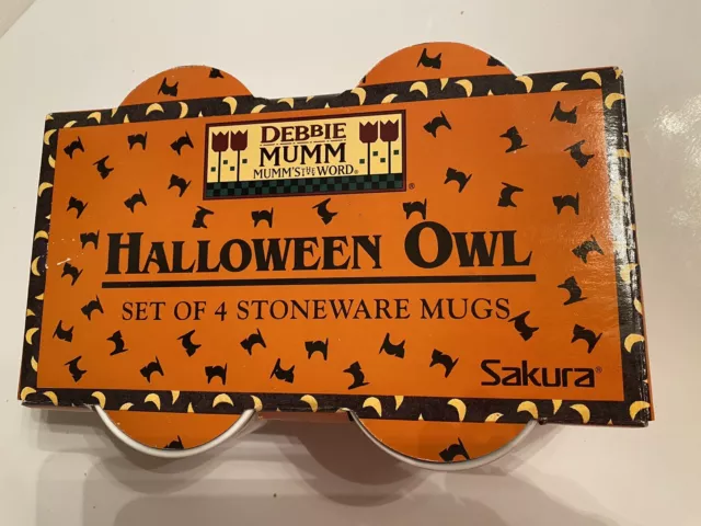 SAKURA Debbie Mumm Halloween Owl Stoneware Coffee Mug Set 4 cat pumpkin raccoon