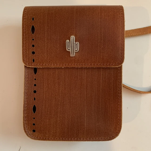MOST WANTED USA Brown Leather Crossbody Vertical Flap Bag Purse w/ Silver Cactus