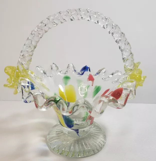 Vintage Art Glass basket Crest hand blown Twisted handle Yellow Flowers 5.5"