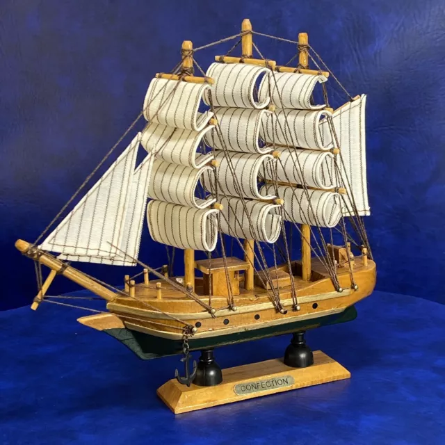 Wood & Fabric Model 3 Mast Sailing Ship Nautical Ocean Confection 8" Long