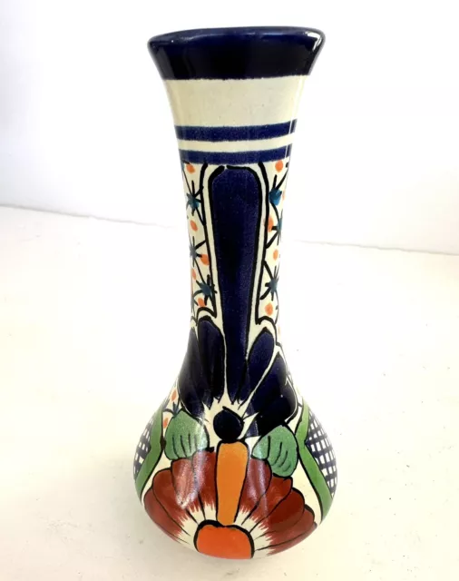 Talavera Mexican Pottery Bud Vase Floral 6.5" Tall Signed Garay