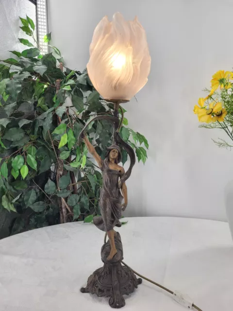 Antike Jugendstil Bronze Tischlampe Fackelträgerin Olympia Höhe 73cm