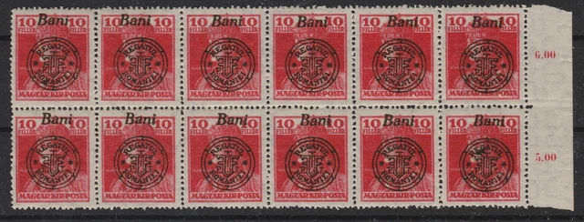 12 STAMP IN BLOCK WITH ERROR / ROMANIA - HUNGARY 1919 ORADEA KARL (10 Bani) MNH