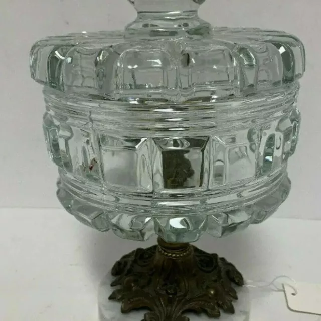 Vintage Cut Crystal Lidded Compote Candy Dish with Brass Pedestal & Marble Base