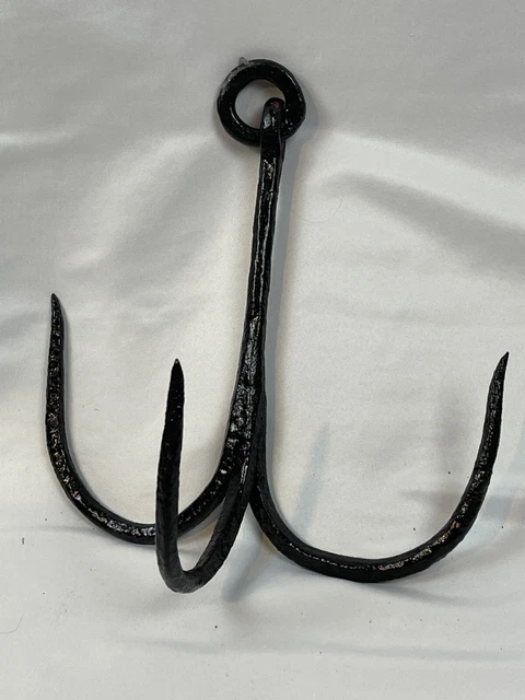 Primitive Antique Vtg Blacksmith forged wrought iron early hook 3 fork 3369 3