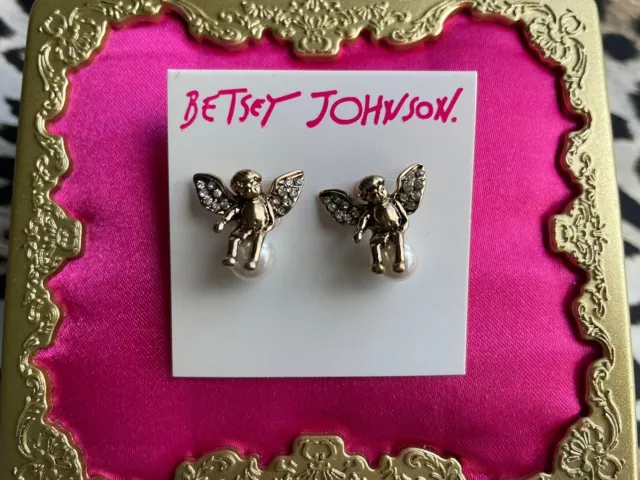 Betsey Johnson Angels & And Wings Gold Cherub Angel Sitting On Pearl Earrings