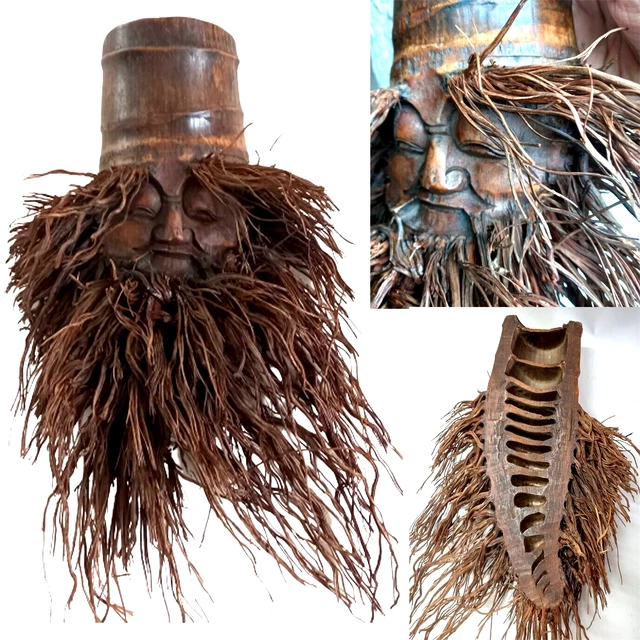 Antique Face Beard Bamboo Root Tree Hand Carved Wooden Unusual Decoration 15.7''