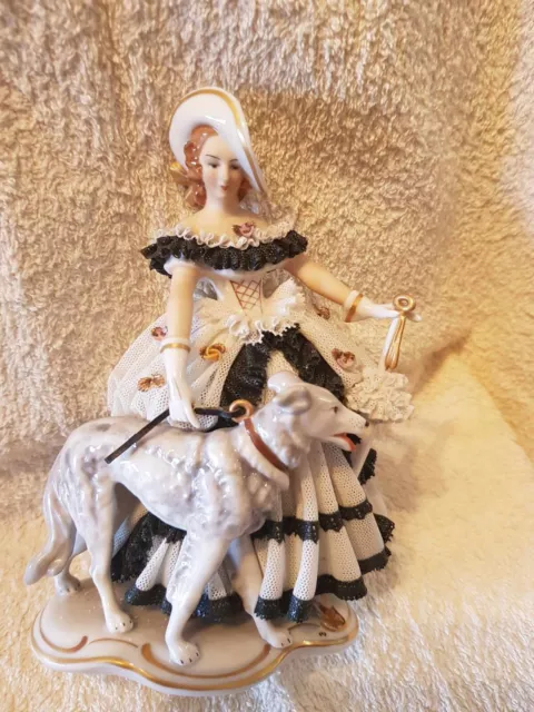 Vintage 1950's Dresden Lace Figurine, Lady With Borzoi Hound. Very Rare, VGC.