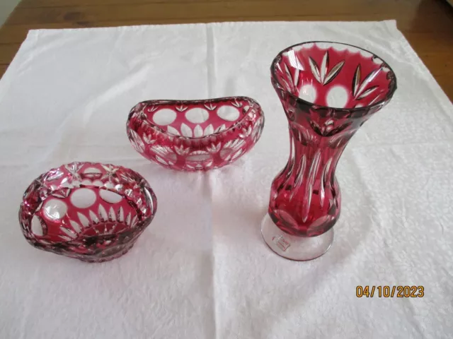 Joska Bodenmais Bleikristall mundgeblasen Vase, Schale und Korb rot