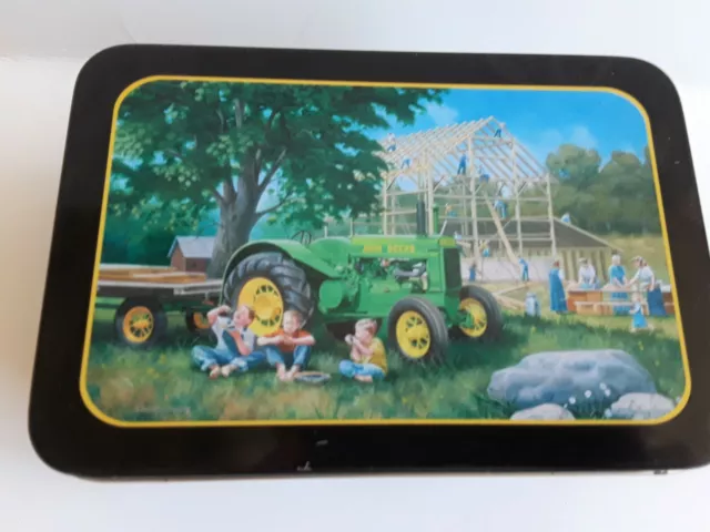 Vintage John Deere Tractor Tin w/lid Barn Raising 6"