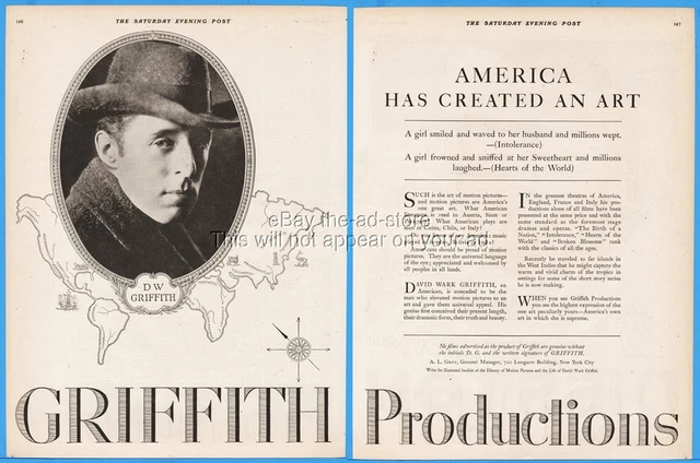 1920 D W Griffith Productions Motion Picture Silent Films America Created Art Ad
